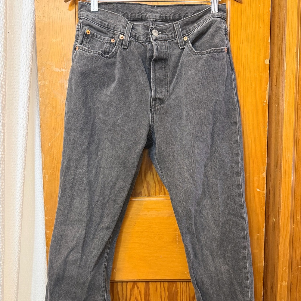Levi’s 501 Faded Black Button Fly Jeans Tag 28x30 (Measures 29x29) Frayed Hem